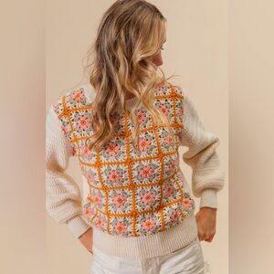 Bibi Boutique Sweater Womens Large Orange Pink Granny Square Crochet Knit